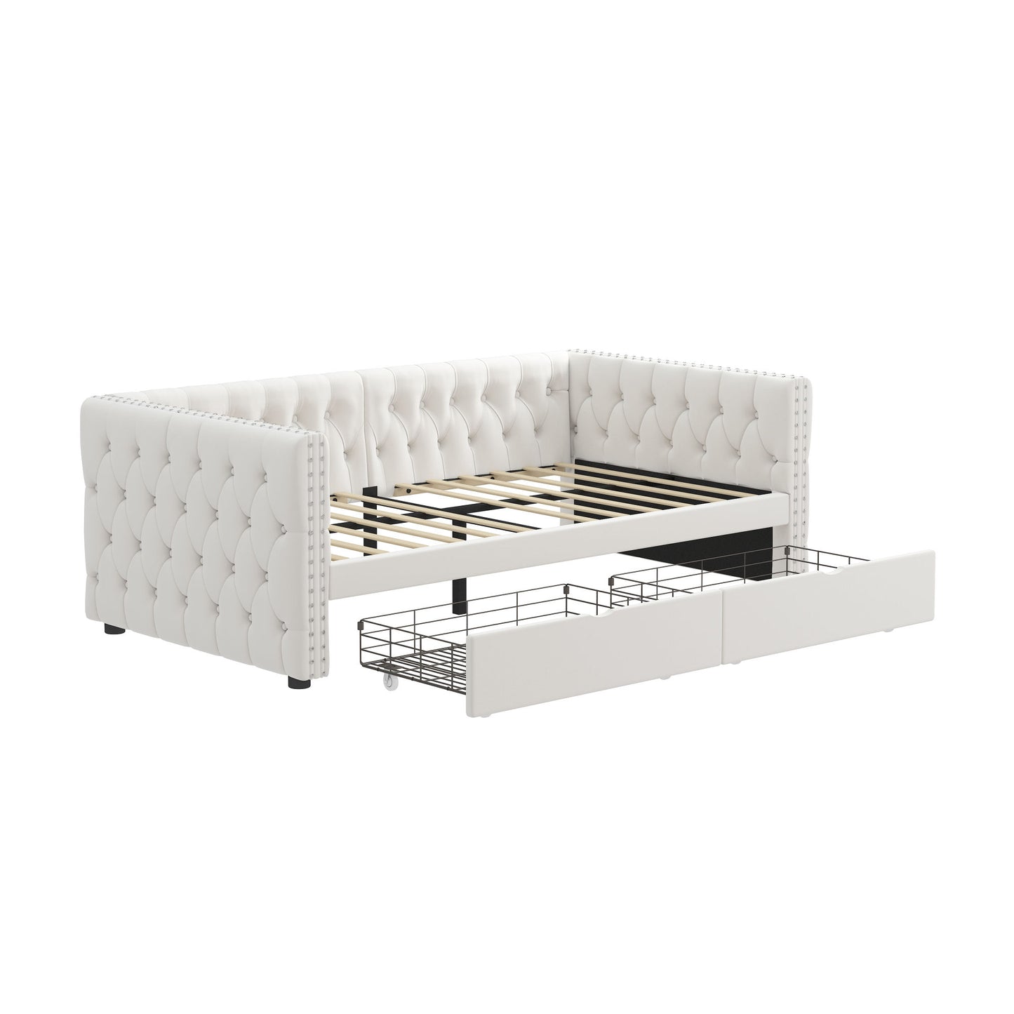 velvet upholstered tufted bed with drawers, white