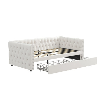 Velvet Upholstered Tufted Bed with Drawers, White