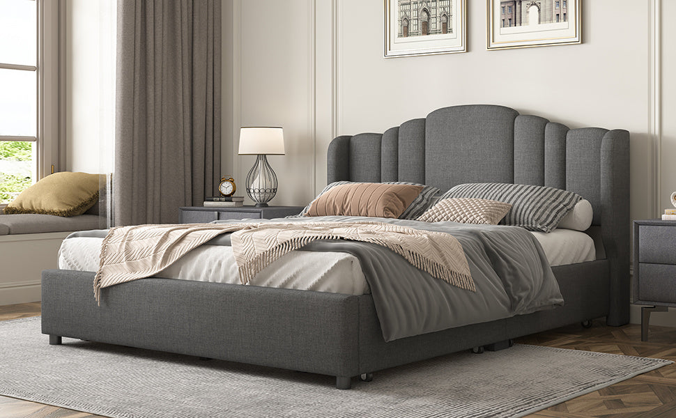mie upholstered platform bed with wingback headboard and 4 drawers