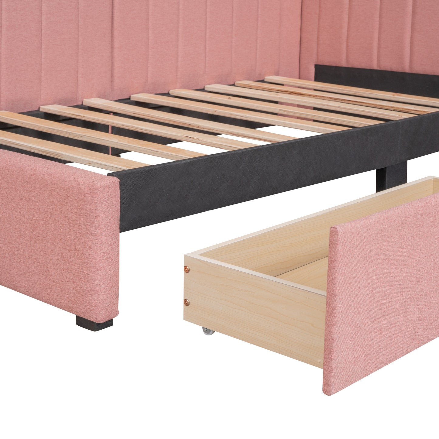 upholstered bed with 2 storage drawers, pink