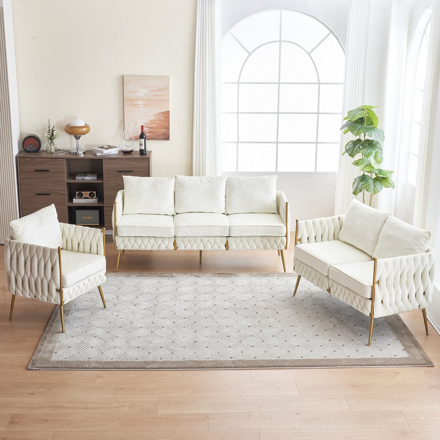 modern 3-seat velvet fluffy tufted  upholstered sofa set, cream white velvet