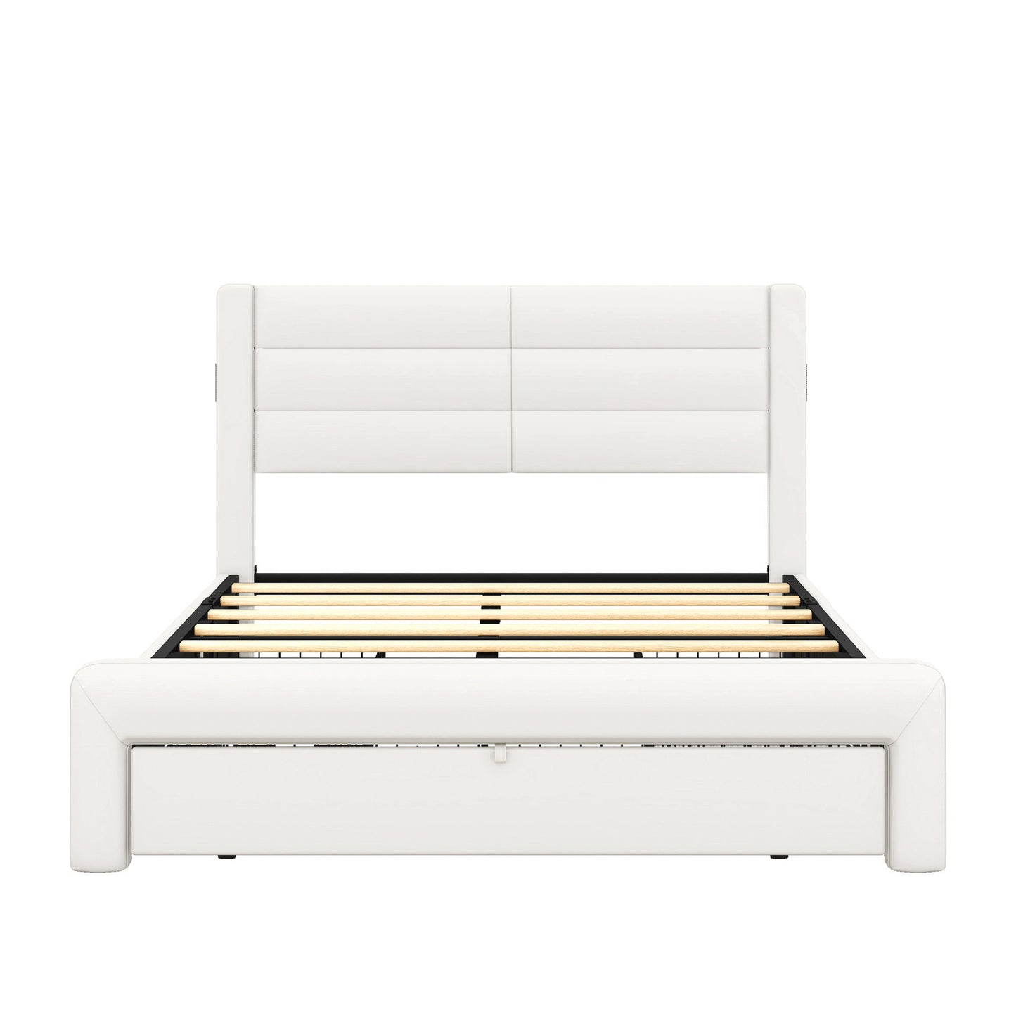 leather upholstered platform bed with drawer storage & charging station, white