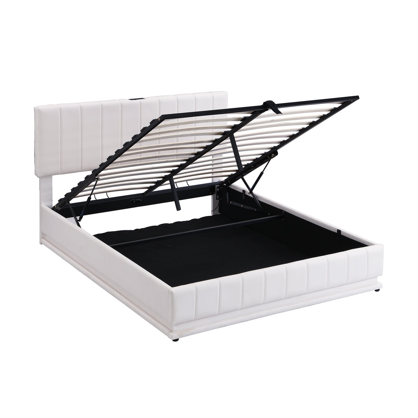 upholstered bed with hydraulic storage system and led light, sockets, and usb ports, white