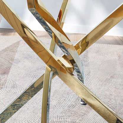 Square Clear Dining Tempered Glass Table with Gold Finish Stainless Steel Legs