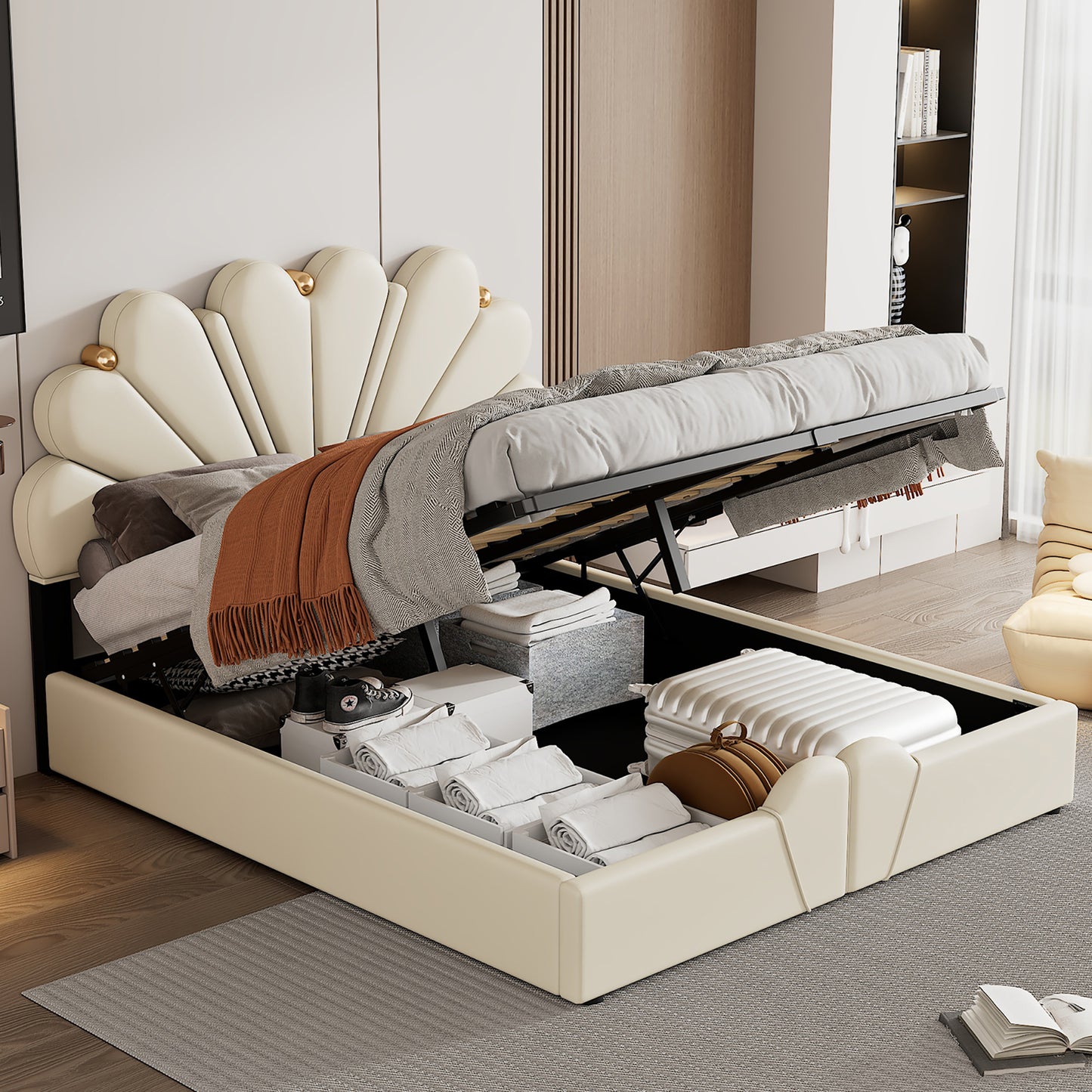 upholstered petal shaped platform bed with hydraulic storage system, pu storage bed, beige