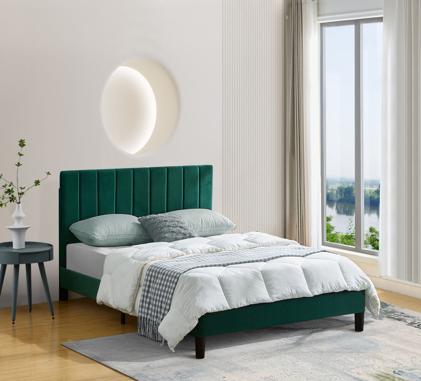 queen size platform bed with upholstered headboard and slat support, green