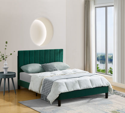Queen Size Platform Bed with Upholstered Headboard and Slat Support, Green