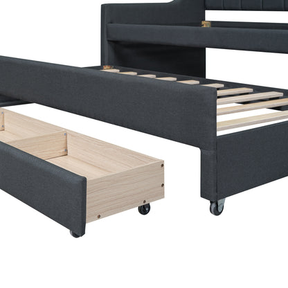 Upholstered Bed with Trundle and Three Drawers, Grey