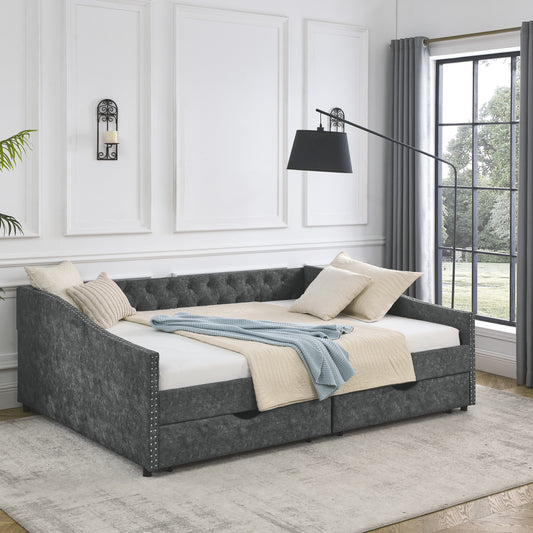 Upholstered Tufted Daybed Sofa bed with Drawers, Grey