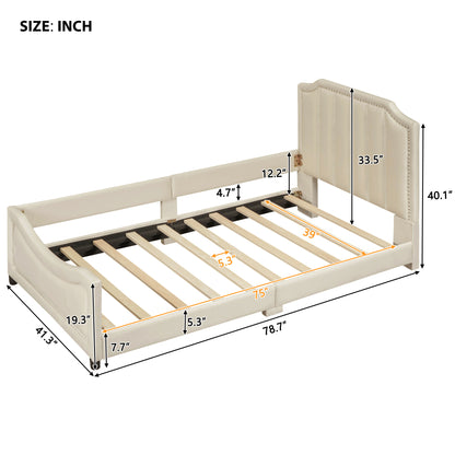 Maya Upholstered Bed with Classic Stripe Shaped Headboard, Beige