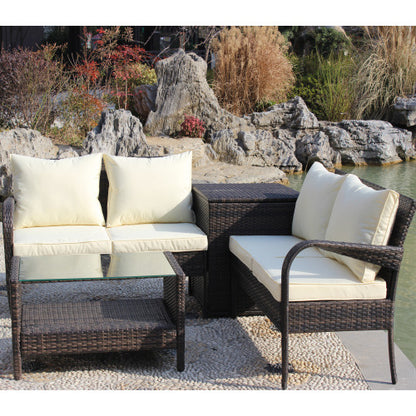4 Piece Wicker Rattan Sofa Set with Storage Box Brown