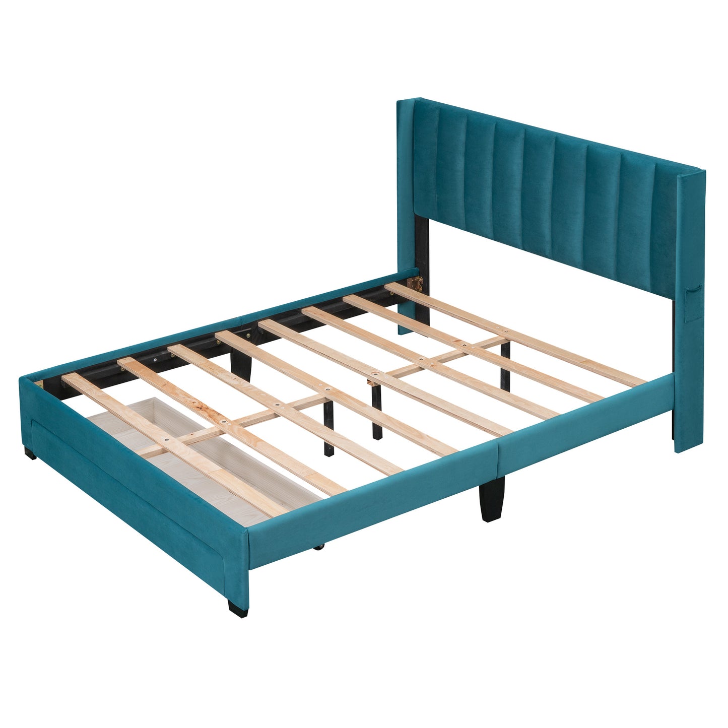 queen size storage bed velvet upholstered platform bed with a big drawer - beige