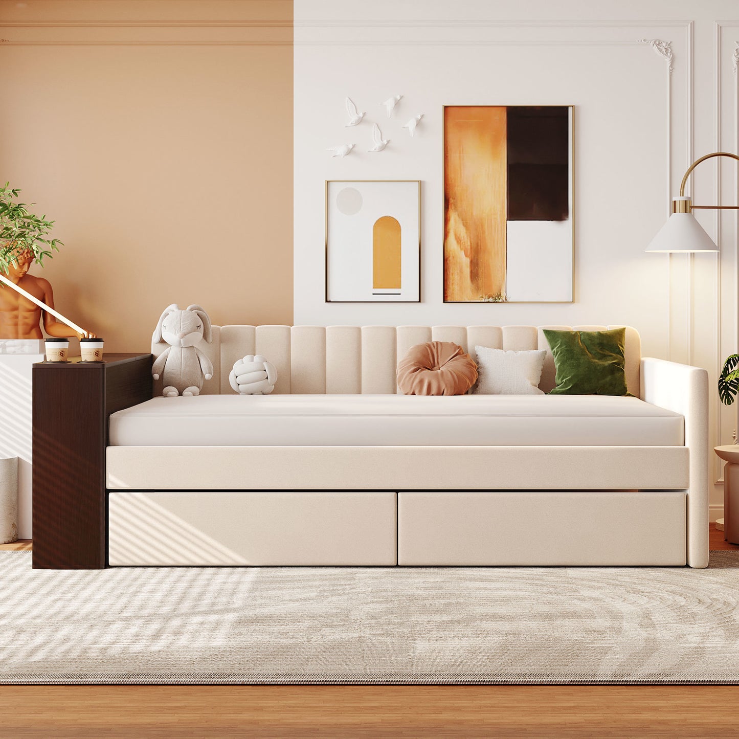 upholstered multi-functional daybed with cup holder and a set of usb ports and sockets, beige