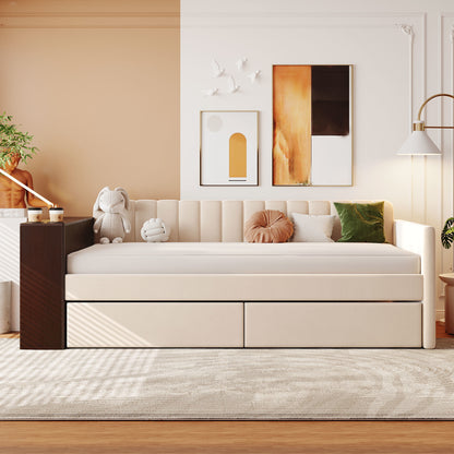 Upholstered Multi-functional Daybed with Cup Holder and a set of USB Ports and Sockets, Beige