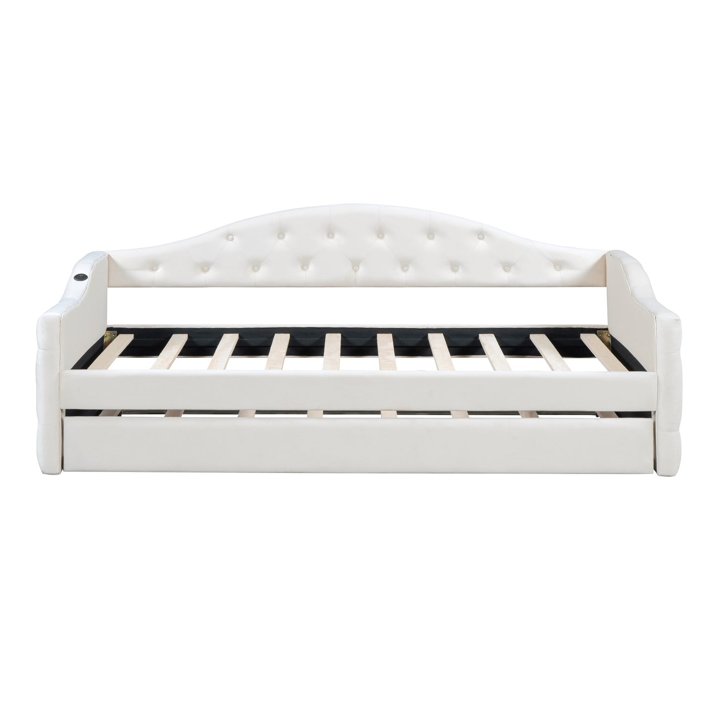 zara tufted upholstered bed with trundle, usb&type-c charging ports, beige