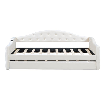 Zara Tufted Upholstered Bed with Trundle, USB&Type-C Charging Ports, Beige