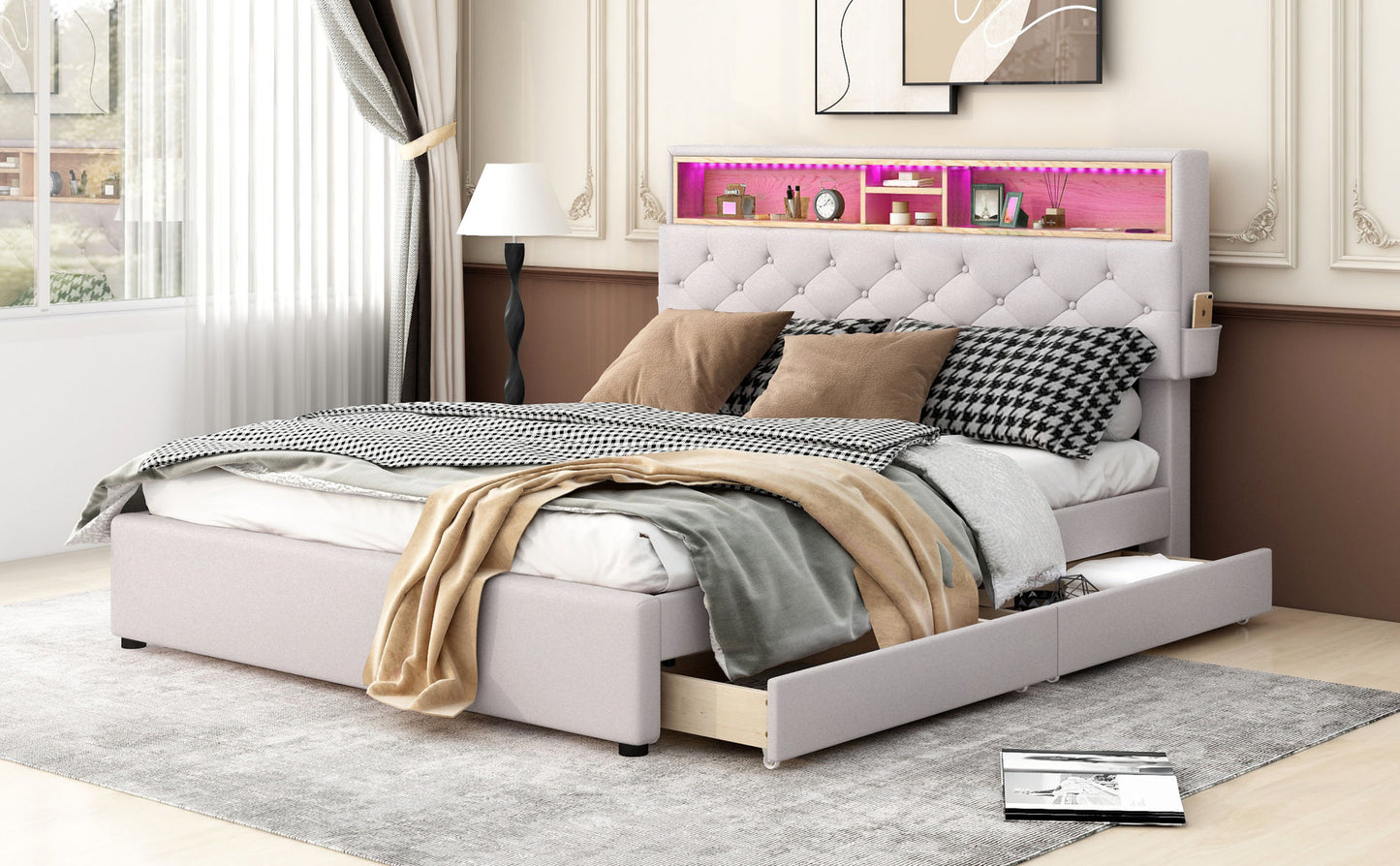 upholstered platform bed with storage headboard, led, usb charging and 2 drawers