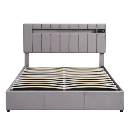 Velvet Upholstered Hydraulic Storage Bed with LED light, Bluetooth Player, and USB Charging