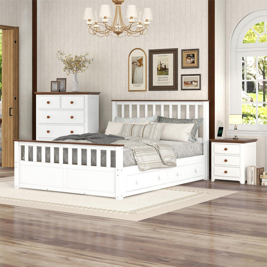 3-Pieces Bedroom Sets  with Nightstand(USB Charging Ports) and Storage Chest,White+Walnut