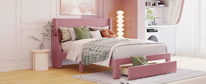 Velvet Upholstered Storage Bed with a Big Drawer - Pink
