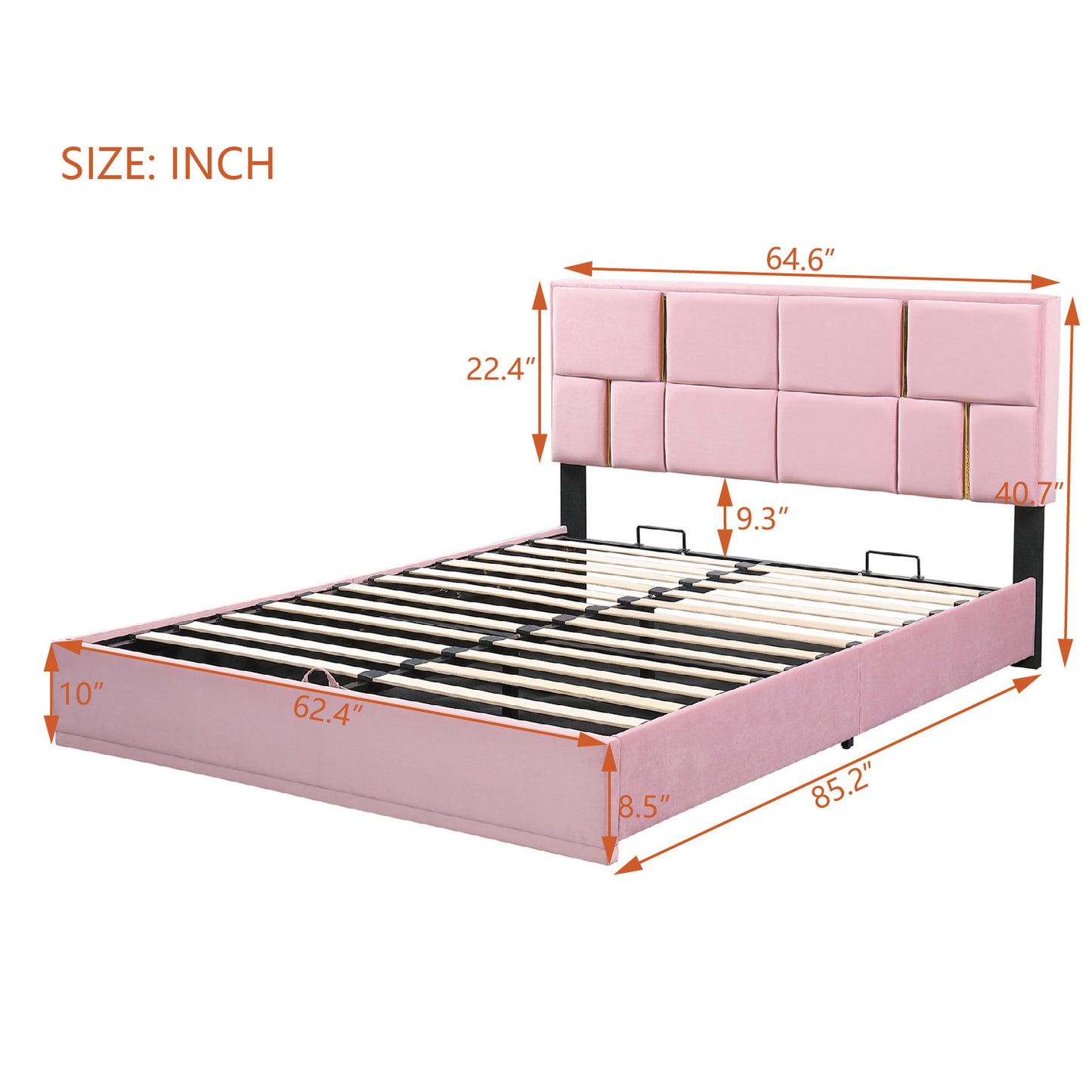 upholstered platform bed with hydraulic storage system, pink