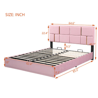 Upholstered Platform Bed with Hydraulic Storage System, Pink