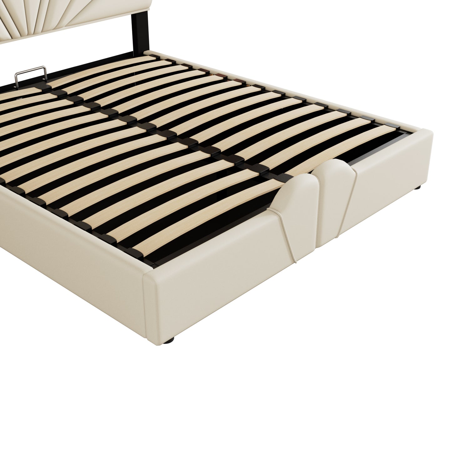 upholstered petal shaped platform bed with hydraulic storage system, pu storage bed, beige