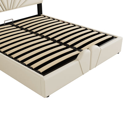 Upholstered Petal Shaped Platform Bed with Hydraulic Storage System, PU Storage Bed, Beige