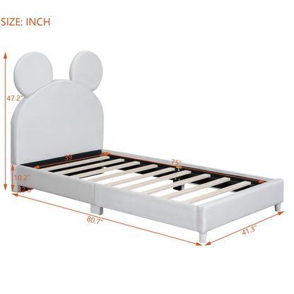 Upholstered Bed with Bear Ear Shaped Headboard, Beige