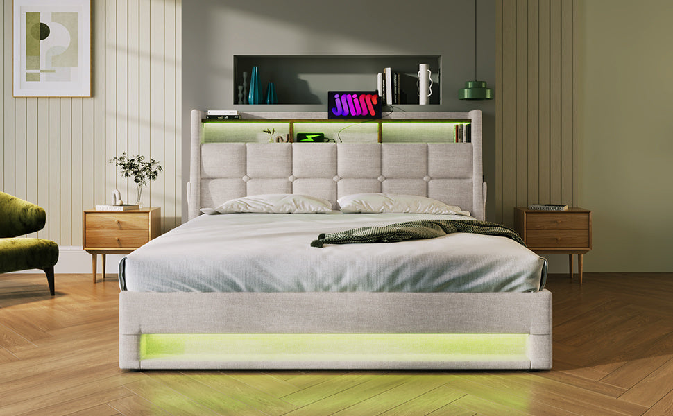 jody upholstered platform bed with a hydraulic storage system, led and usb charging,
