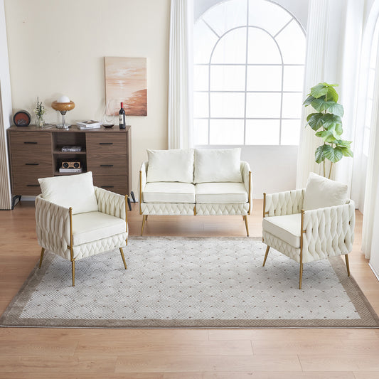 Fluffy Tufted Upholstered Sofa Set, Cream White Velvet