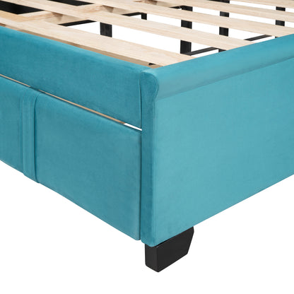 Modern Velvet Upholstered Platform Bed with Wingback Headboard and a Big Drawer