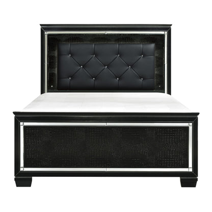 Black Finish Upholstered Button-Tufted Queen Size Bed LED Headboard