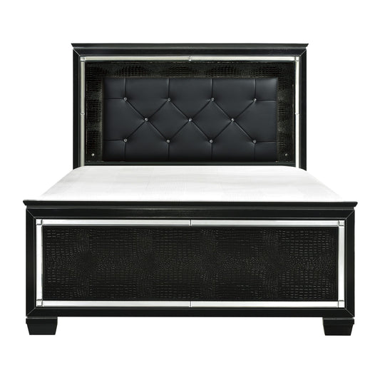 Black Finish Upholstered Button-Tufted Queen Size Bed LED Headboard