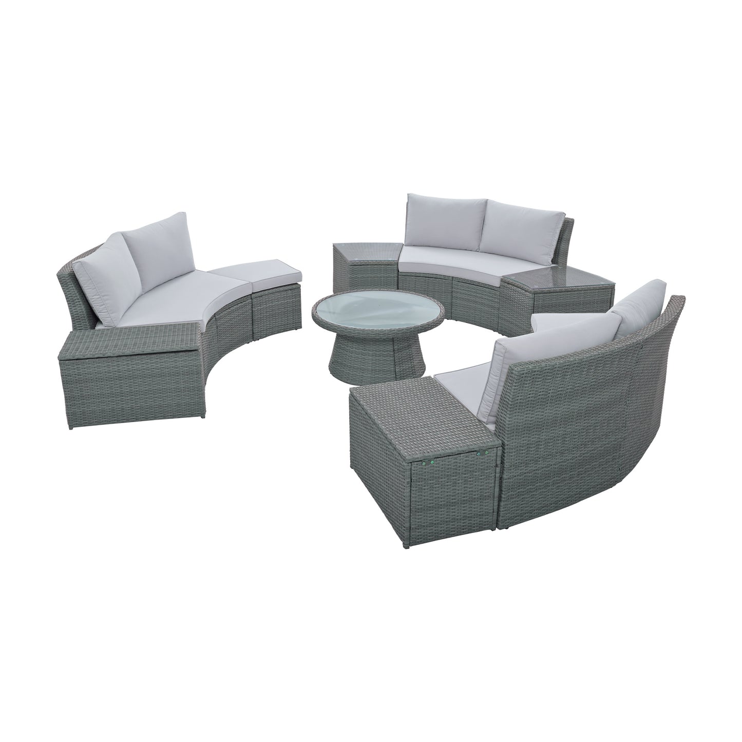 10-piece outdoor sectional half round patio rattan sofa set, light gray