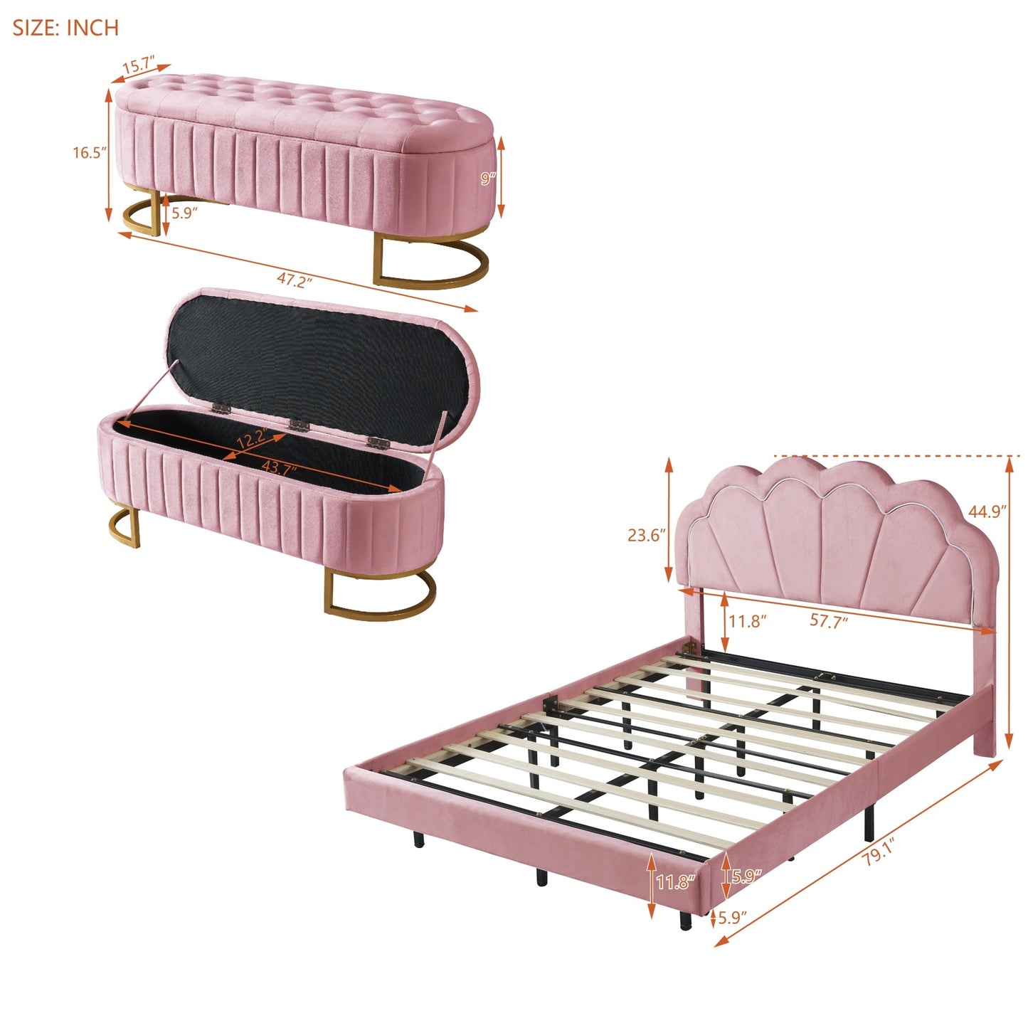 velvet upholstered led platform bed with storage ottoman, pink