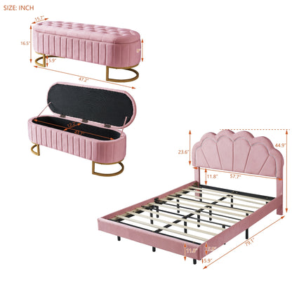 Velvet Upholstered LED Platform Bed with Storage Ottoman, Pink