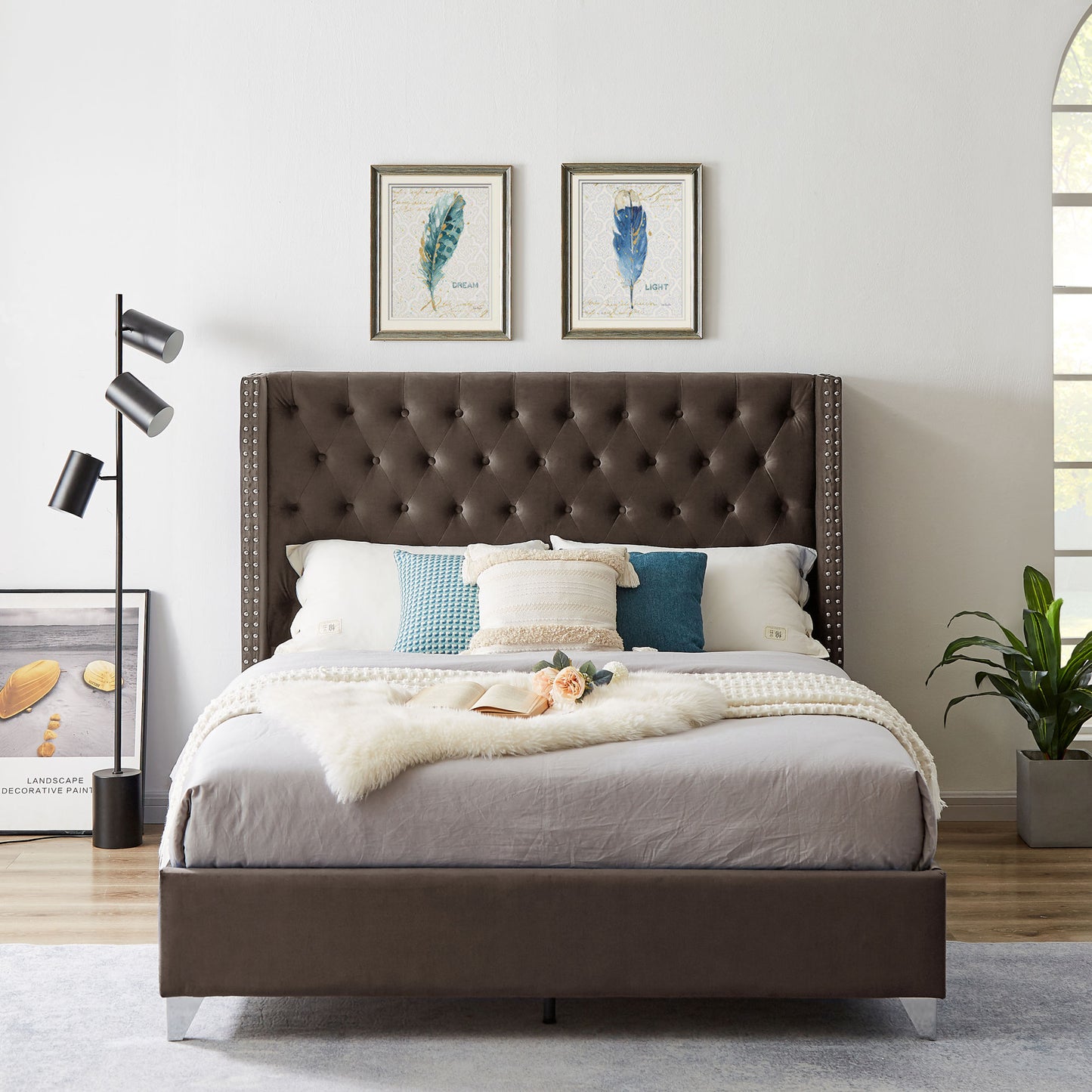 ashley brown upholstered bed  + metal legs with electroplate