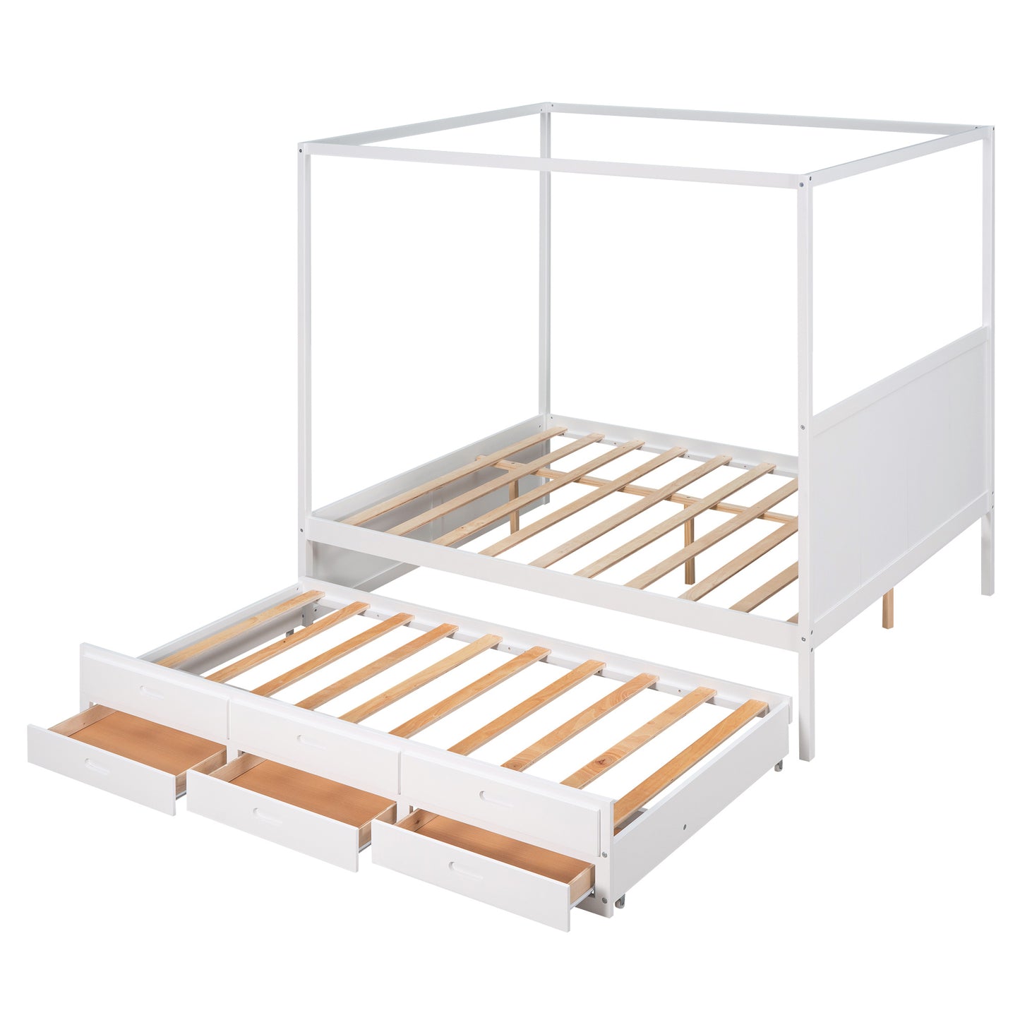 queen size canopy platform bed with twin size trundle and three storage drawers,white