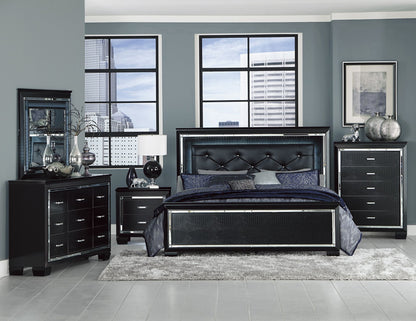 Black Finish Upholstered Button-Tufted Queen Size Bed LED Headboard