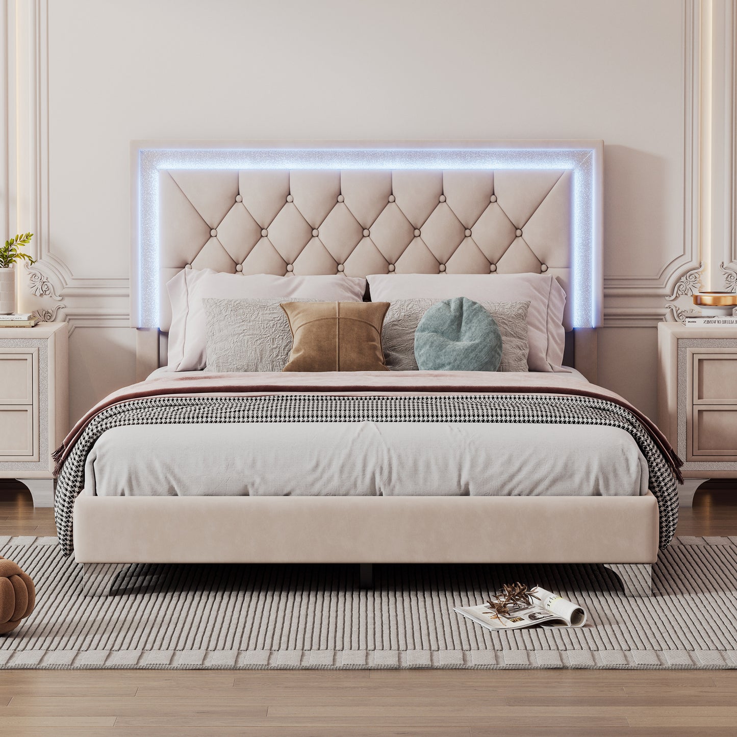 upholstered bed frame with led lights, beige