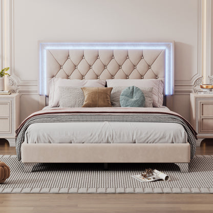 Upholstered Bed Frame with LED Lights, Beige