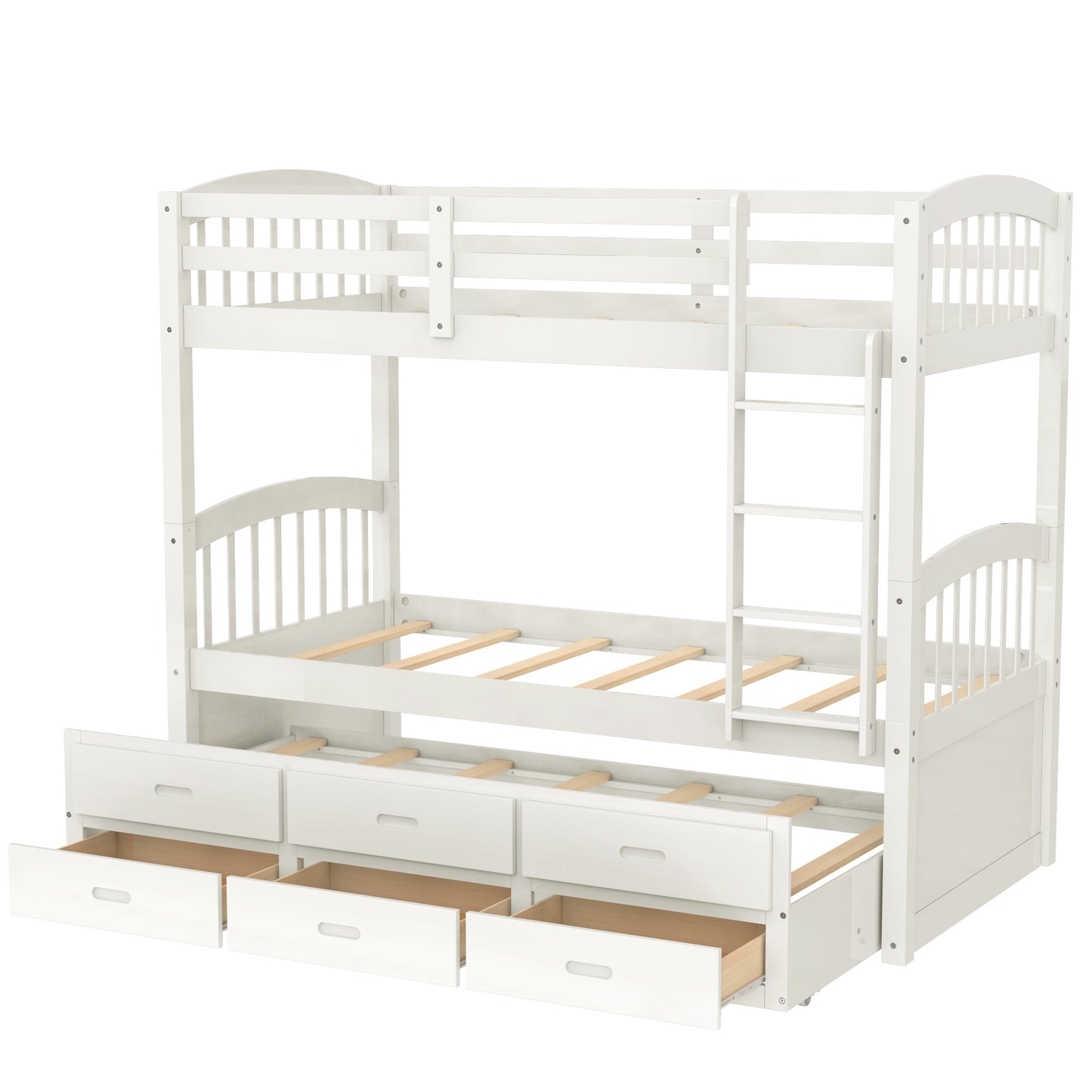 twin over twin wood bunk bed with trundle and drawers,white