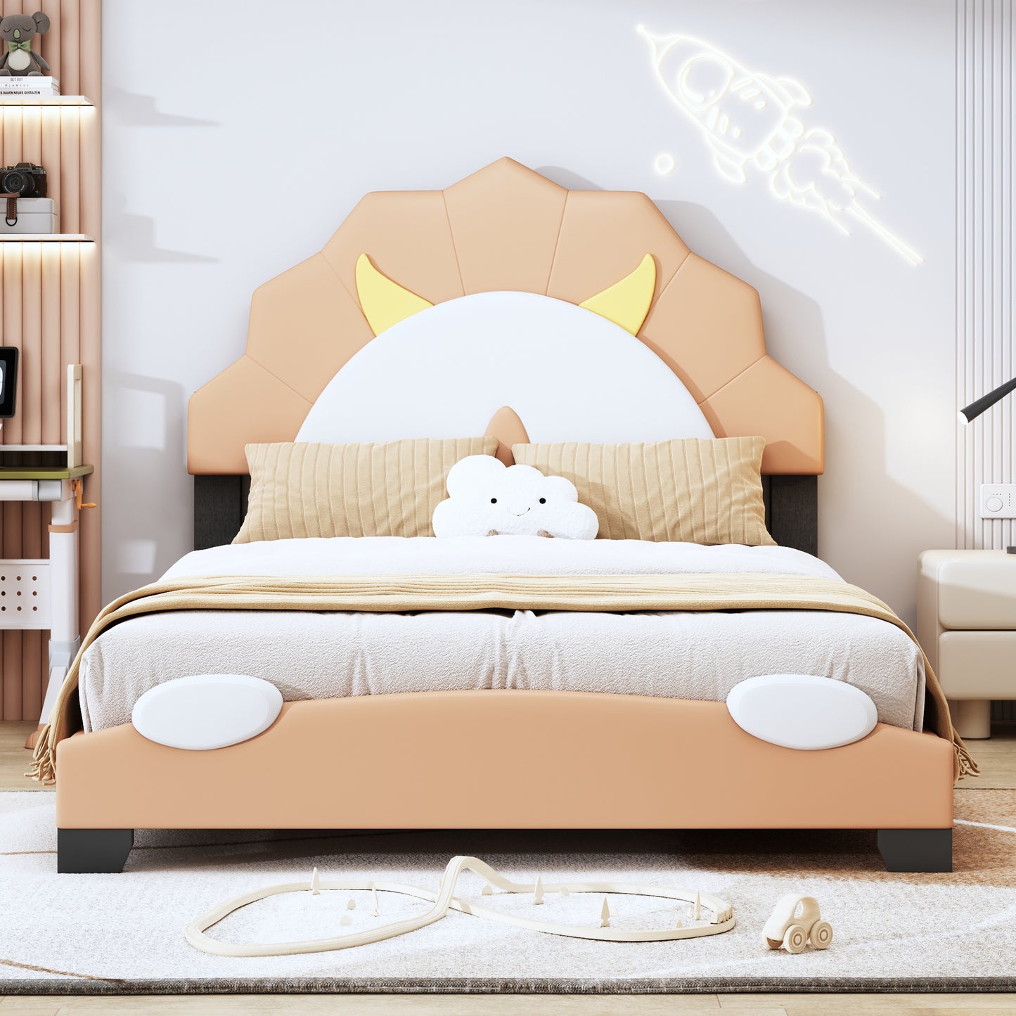 upholstered leather platform bed with lion-shaped headboard, brown
