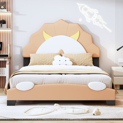 Upholstered Leather Platform Bed with Lion-Shaped Headboard, Brown