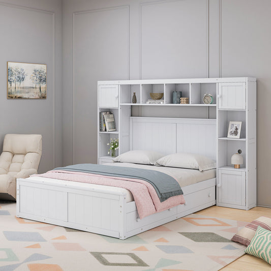 Elegant and Functional Bed with 4 Drawers and All-in-One Cabinet and Shelf, White