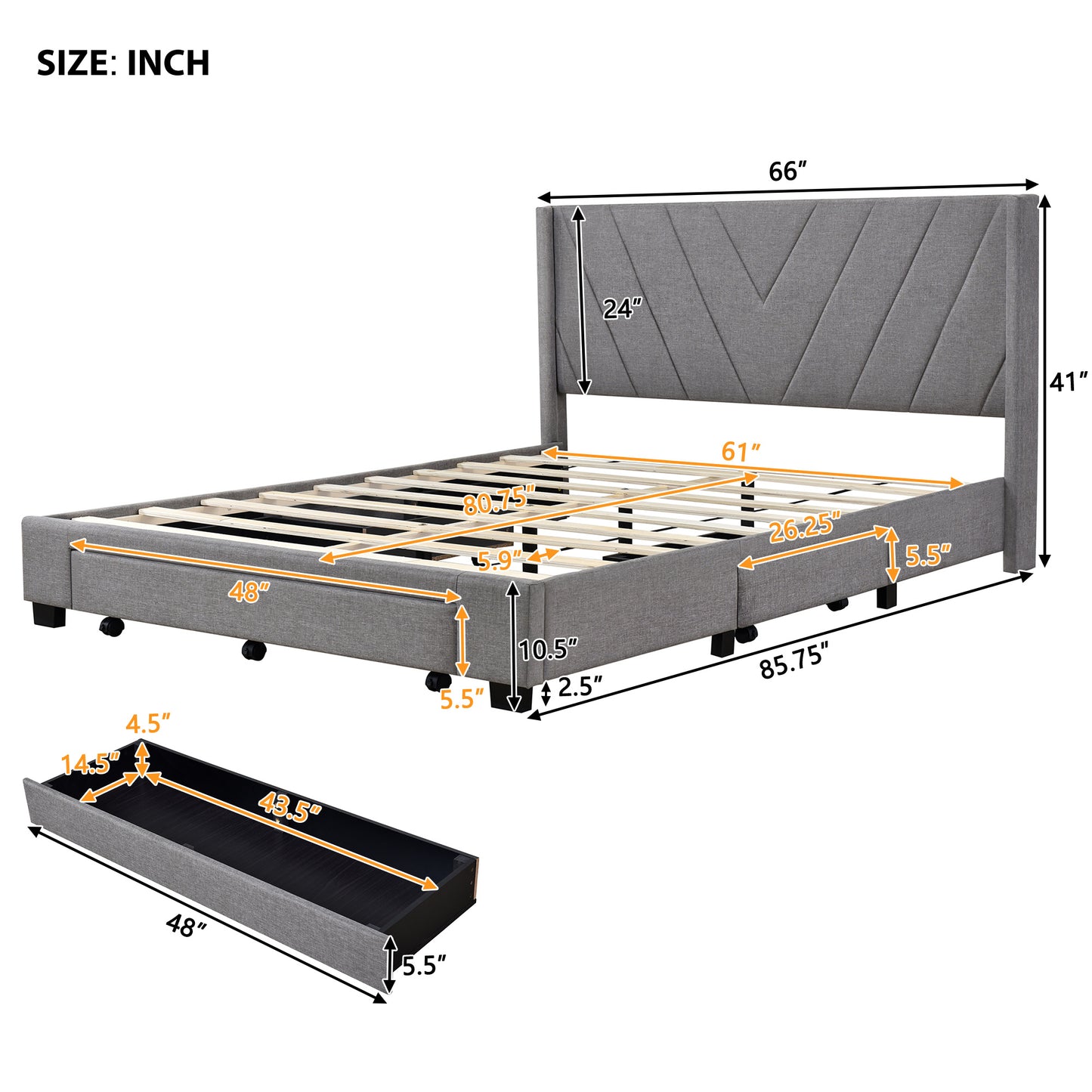 amber storage bed linen upholstered platform bed with 3 drawers (gray)