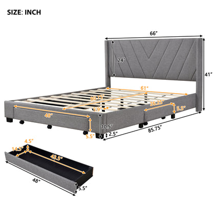 Amber Storage Bed Linen Upholstered Platform Bed with 3 Drawers (Gray)