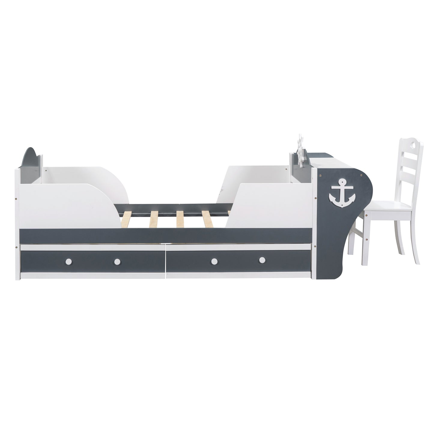 boat-shaped platform bed with two drawers, desk and chair, white+gray