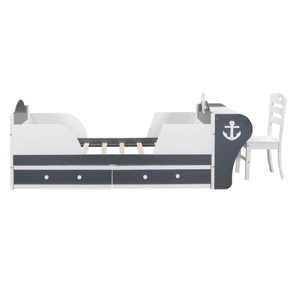 Boat-Shaped Platform Bed with Two Drawers, Desk and Chair, White+Gray
